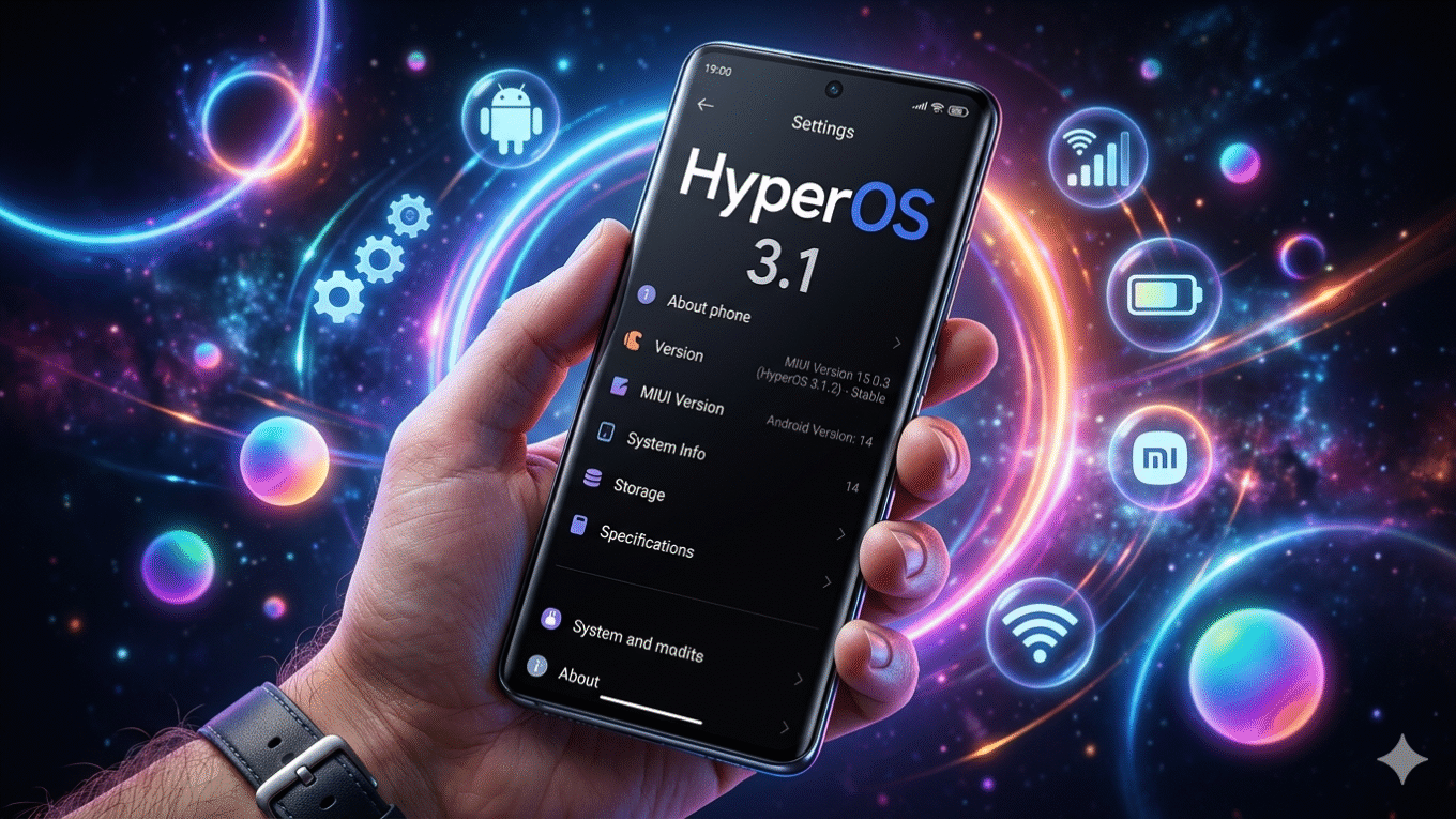 A premium Xiaomi smartphone held in a hand, displaying the HyperOS 3.1 settings menu on a vibrant AMOLED screen. The background is a cinematic, futuristic cosmic environment featuring glowing Android icons, neon energy rings, and holographic light trails in blue, purple, and orange tones.