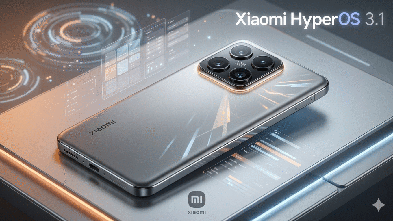Premium silver Xiaomi 17 flagship smartphone with Leica quad-camera module on a futuristic tech background with HyperOS 3.1 digital holograms.